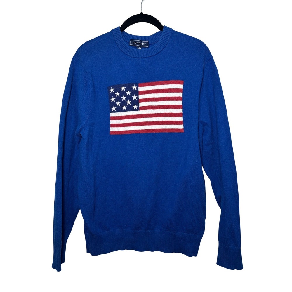 Crown & Ivy Blue American Flag Sweater Womens Small Cotton Wool Blend Crewneck - Picture 1 of 10